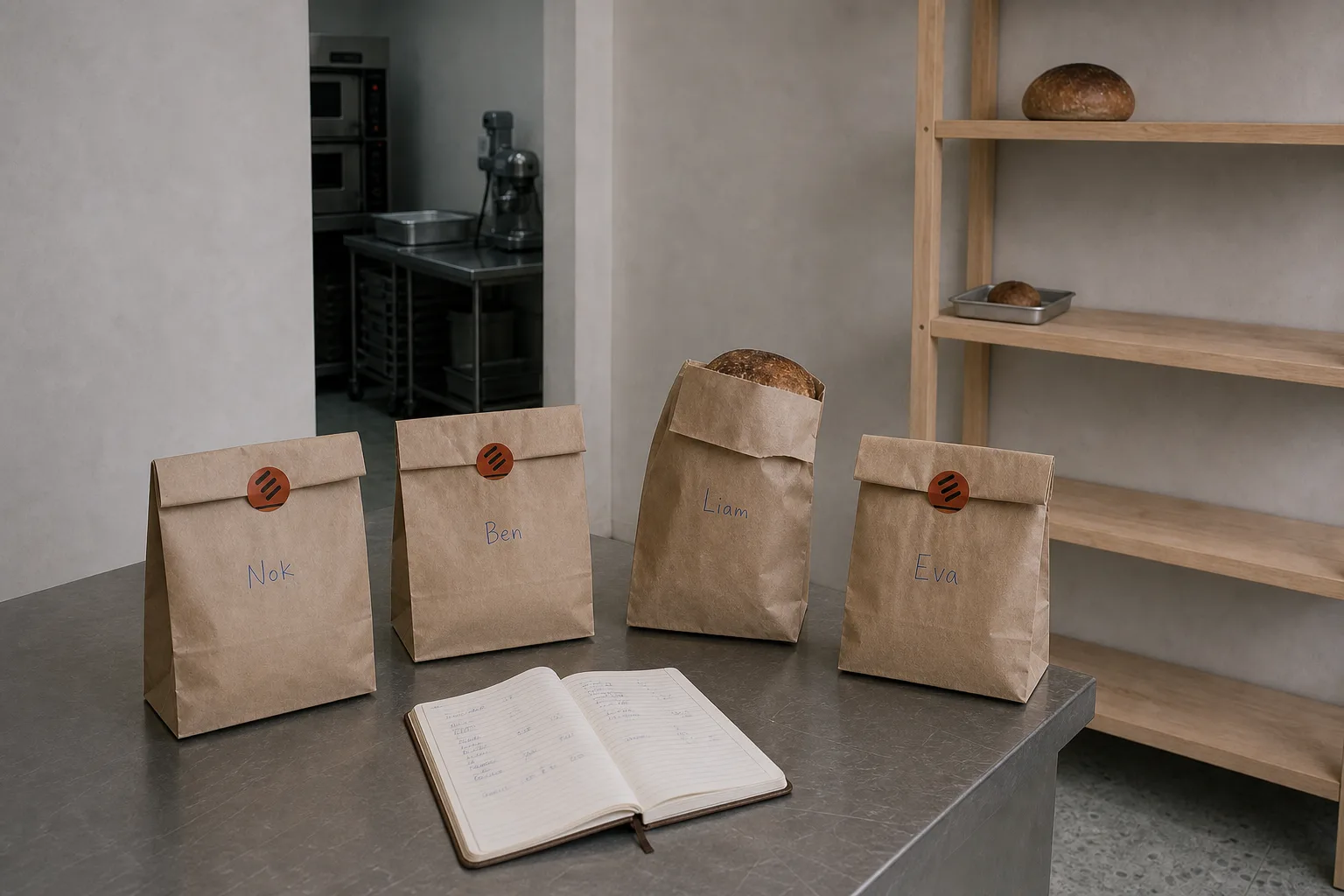 Four kraft paper bags standing on the counter with names written on them in blue ballpoint