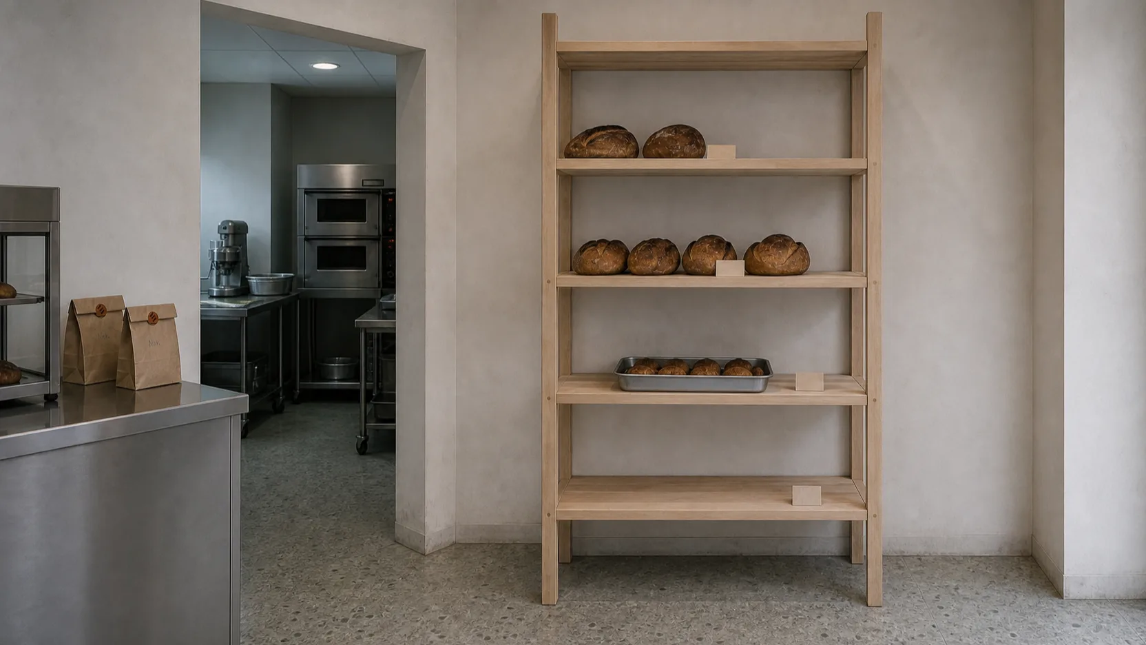 The tall wooden shelf beside the kitchen doorway at ten to eight: two loaves on the top shelf, four on the next, a tray of buns below, and the bottom shelf empty