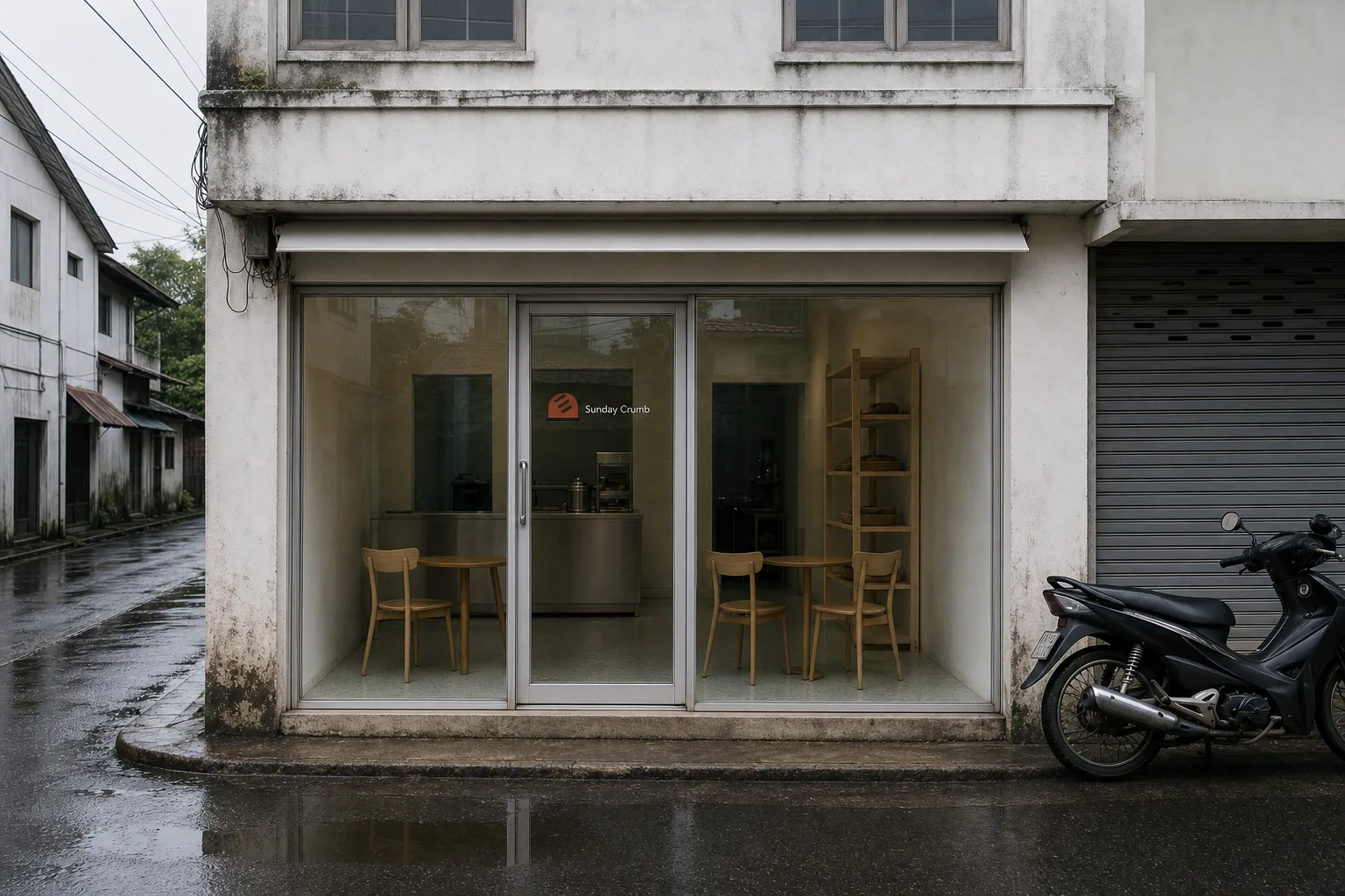 The shopfront from across the soi on a wet morning — a wide sliding glass front with the shop name on it, two small tables just inside the window, and the bread shelf further in